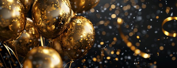 Golden balloons with confetti and ribbons on black background.  - obrazy, fototapety, plakaty