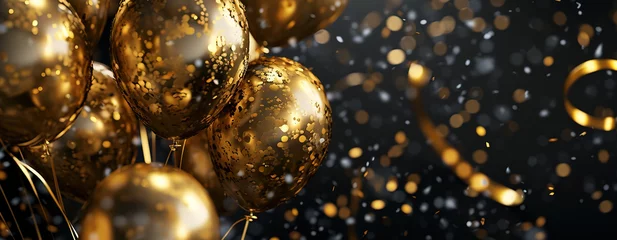  Golden balloons with confetti and ribbons on black background.  © Ilya