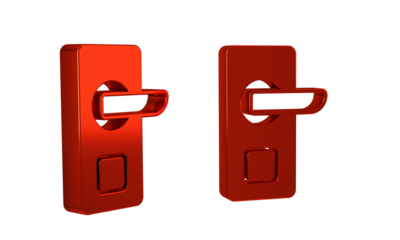 Red Digital door lock with wireless technology for unlock icon isolated on transparent background. Door handle sign. Security smart home.