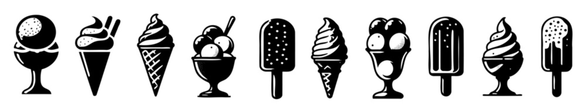 Sketch Ice cream icons frozen creamy desserts, gelato ice cream, wafer cone, caramel eskimo or chocolate glaze sundae whipped cream and fruit ice, fresh vanilla scoops