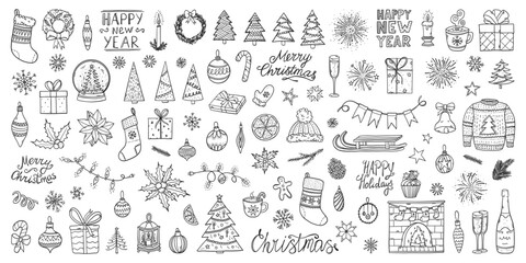 Fototapeta na wymiar Christmas doodles set. New Year doodle. Christmas symbols simple sketch. Winter holiday doodles with christmas trees, snowflakes, presents. New Year padge badges.