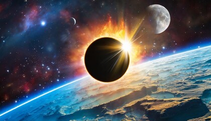 solar eclipse space planet in the cosmos asteroid explosion big bang galaxy alien universe sci fi...