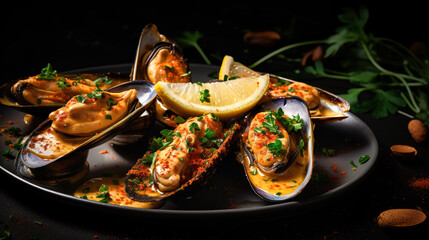 Fresh mussels with herbs and spices on black background, top view