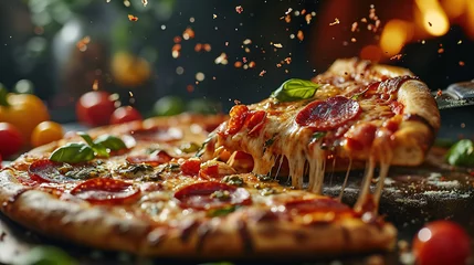 Foto op Plexiglas Pizza with salami, pepper and basil on a black background   © Ilya