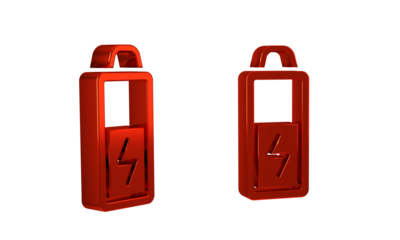 Red Battery icon isolated on transparent background. Lightning bolt symbol.