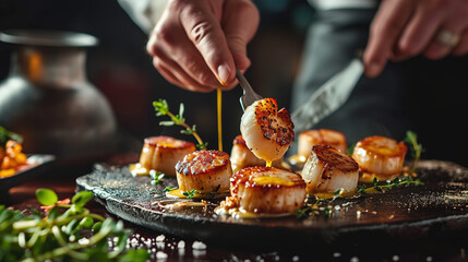 Chef cooking scallops with sauce on black plate, closeup