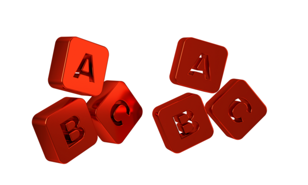 Red ABC blocks icon isolated on transparent background. Alphabet cubes with letters A,B,C.
