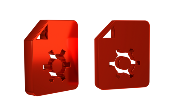 Red Document settings with gears icon isolated on transparent background. Software update, transfer protocol, teamwork tool management.