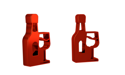Red Wine bottle with glass icon isolated on transparent background.