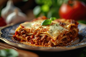 Italian Culinary Delight: Indulge in Layers of Lasagna Bolognese, Expertly Crafted with Homemade Pasta, Béchamel Sauce, Flavorful Beef, and a Rich Blend of Tomatoes and Cheese.

