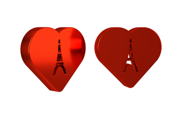 Red Eiffel tower with heart icon isolated on transparent background. France Paris landmark symbol.