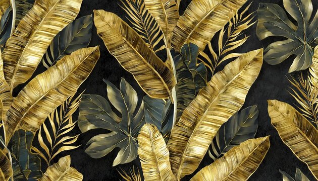 tropical exotic seamless pattern grunge golden banana leaves palm hand drawn dark vintage 3d illustration nature abstract background design good for luxury wallpapers cloth fabric printing