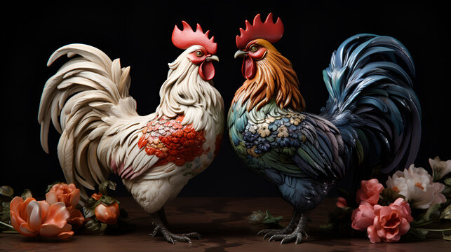 roosters on dark background , Colorful rooster with a red comb on a dark background, two muscular roosters fight, Organic farmed chicken farm in open location, beautiful brown chicken, healthy looking