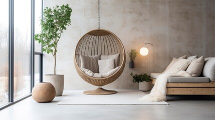 Modern living room featuring stylish hanging basket chair - obrazy, fototapety, plakaty