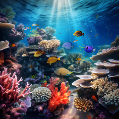 Naklejka na ściany i meble Underwater scene with diverse marine life and vibrant coral reefs.
