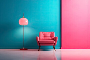 Bright pink armchair and light lamp against a blue and pink wall