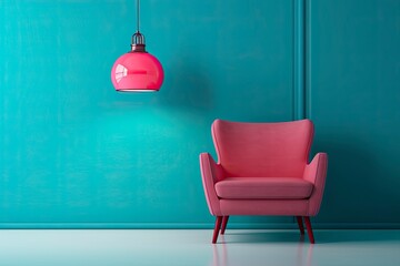 Bright pink armchair and light lamp against a blue wall