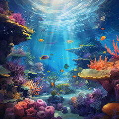Fototapeta na wymiar Underwater scene with schools of colorful fish and coral formations.