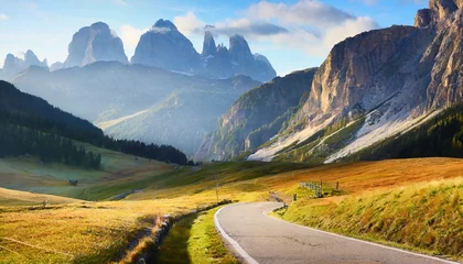 Tuinposter empty country road on venegia valley high altitude dolomite valley natural park with jagged peaks rolling meadows pastures and streams stunning morning scene of italian countryside © joesph