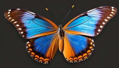 very beautiful blue orange butterfly in flight isolated on a background