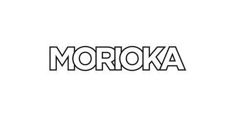 Morioka in the Japan emblem. The design features a geometric style, vector illustration with bold typography in a modern font. The graphic slogan lettering.