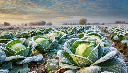 cabbage in a field outdoors covered with frost - obrazy, fototapety, plakaty