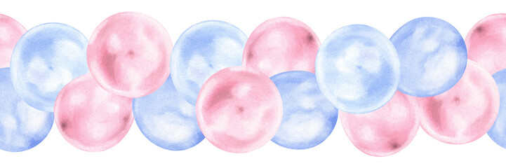 Balloons seamless Border. Watercolor illustration of Baby gender party decoration. Hand drawn on white isolated background. Drawing of birthday pattern. Painting of frame template for cards
