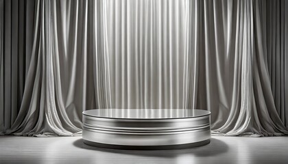 silver color podium pedestal stage or dias for product display exhibition or photography in a modern and elegant studio settings with drapes and curtains backdrop