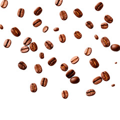 Falling coffee beans isolated on transparent background. AI generated. PNG