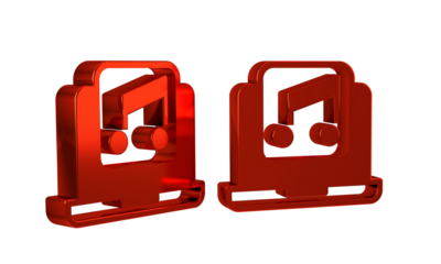 Red Laptop with music note symbol on screen icon isolated on transparent background.