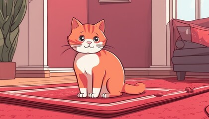 A cartoon cat sitting on a red rug