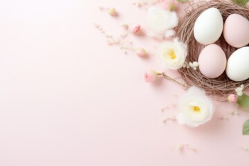 Naklejka na ściany i meble Easter eggs in nest with flowers on pastel pink background.