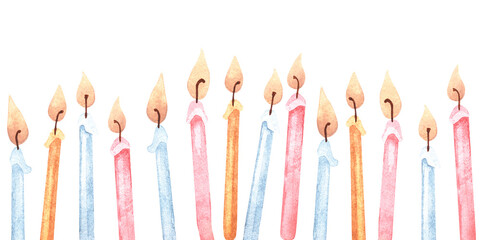 Candle seamless Border. Watercolor illustration of Baby Birthday decoration. Hand drawn on white isolated background. Drawing of boho party pattern. Painting of template frame for card and invitation