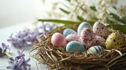 Fototapeta na wymiar Traditional Easter Arrangement with Colorful Dyed Eggs and Hyacinths