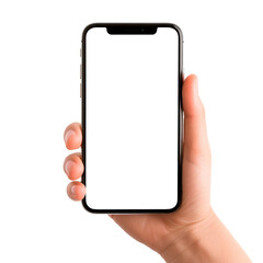 Hand holding a mobile phone with transparent display isolated on transparent background. AI generated. PNG