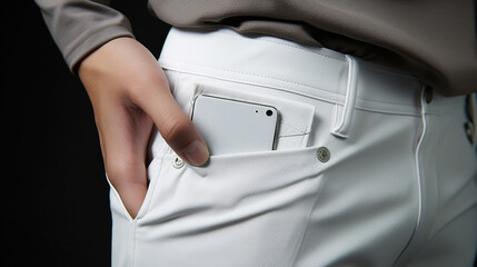Mobile phone peeking out of the pocket of white pants