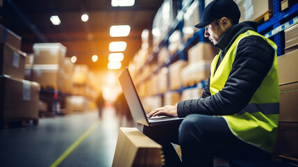 Operator with reflective vest and cap using a laptop in a warehouse