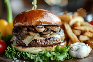Experience the Ultimate Savory Delight: Mushroom Swiss Burger Featuring a Juicy Beef Patty Topped with Melted Swiss Cheese and Grilled Mushrooms