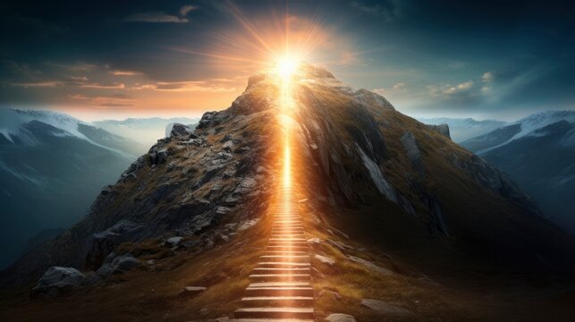 Path to success concept with glowing light path going up the mountain