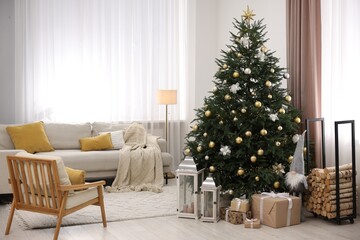 Christmas tree in furnished living room. Festive interior design