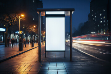 White blank vertical billboard at the bus stop on the city street. In the background of buses and roads.