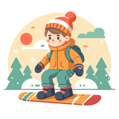 snowboarding kid flat color vector illustration 