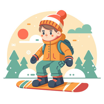 recommend clip art: snowboarding kid flat color vector illustration 