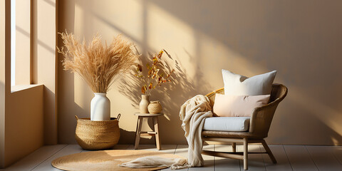 Empty beige wall mockup in boho room interior with wicker armchair and vase. Natural daylight from...