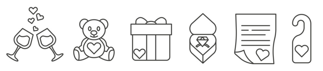Set of Valentine's Day elements. Thin line romantic symbols. Line icons of romance.