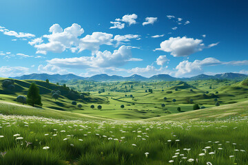 Landscape view of green grass on slope with blue sky and clouds background.