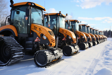 fleet of snowplows lined up, ready to tackle winter weather challenges. - obrazy, fototapety, plakaty