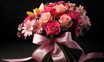 Bouquet of flowers with pink ribbon on a black background.