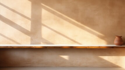 Warm Sunlight on Empty Sandstone Interior with Bench
