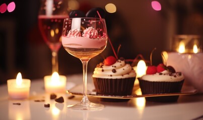 Obraz na płótnie Canvas Glasses with delicious tiramisu dessert and burning candles on blurred background